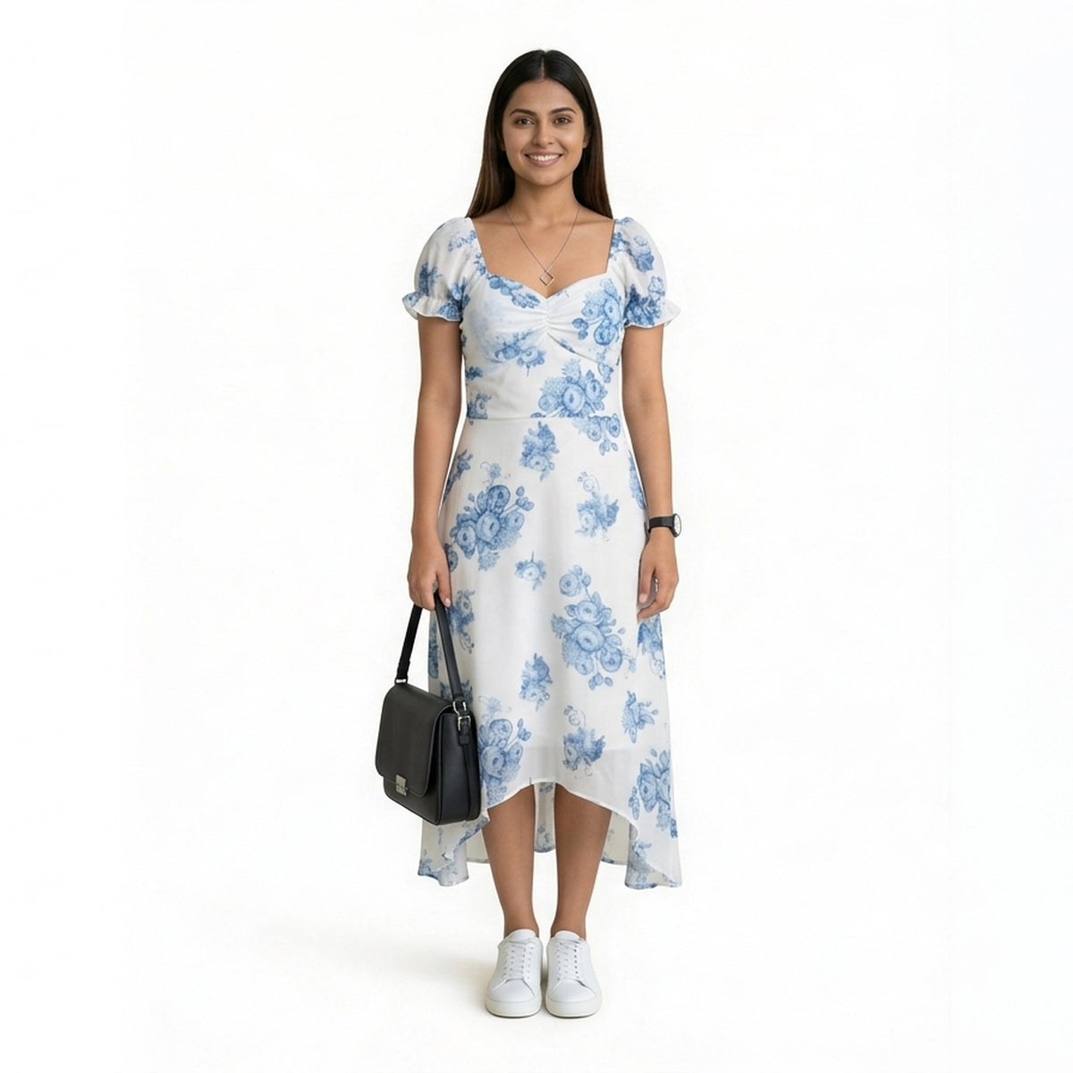 Floral Midi Dress with Puff Sleeves & Sweetheart Neckline – Elegant Summer A-Line Dress for Women - image 4