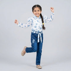 Girls Floral Printed Shirt & Denim Jeans Set – Stylish Kids Casual Outfit with Belt