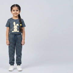 Girls Striped Co-Ord Set – Cute Bunny Print Cotton Top & Jogger Pants for Kids