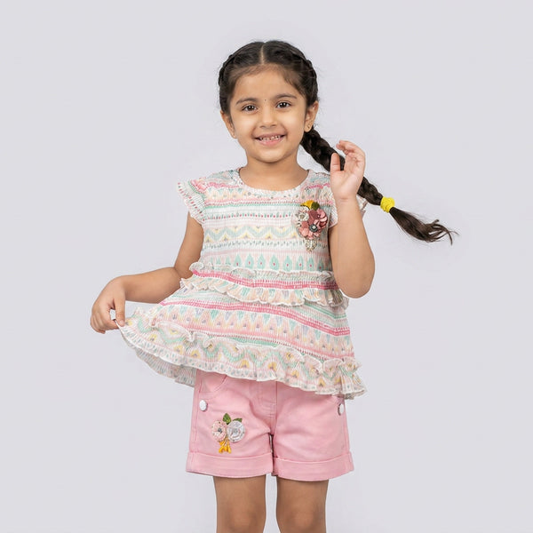 Girls Pastel Printed Ruffle Top with Pink Shorts Set – Cute Summer Casual Outfit for Kids
