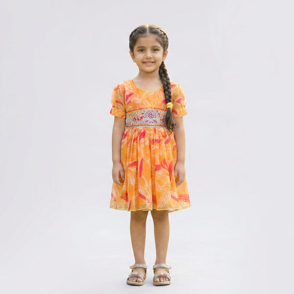Girls orange Printed dress – Stylish Summer Casual dress Outfit for Kids - image 2