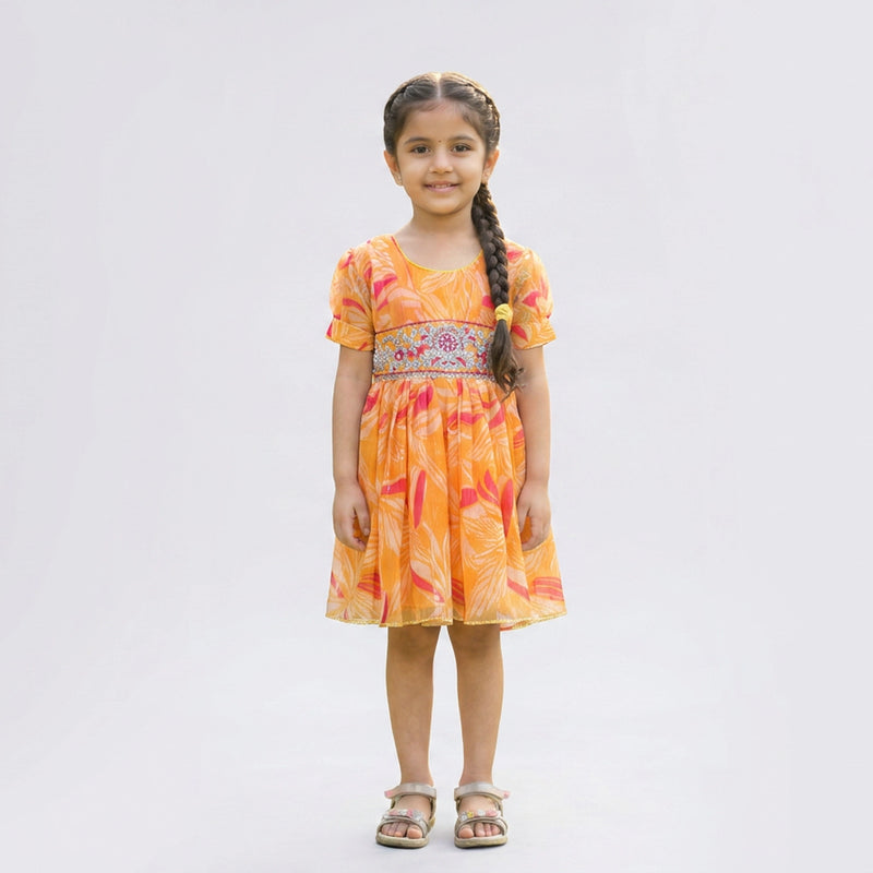 Girls orange Printed dress – Stylish Summer Casual dress Outfit for Kids