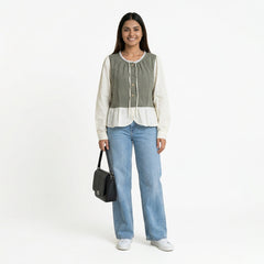 Polka Dot Button-Front Peplum Top with Contrast Sleeves