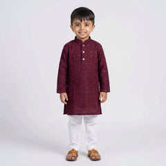 Boys Embroidered Kurta Set with White Pajama – Festive Ethnic Wear for Kids