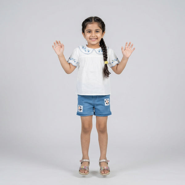 Girls Light Wash Denim Shorts with Floral Patch Detail