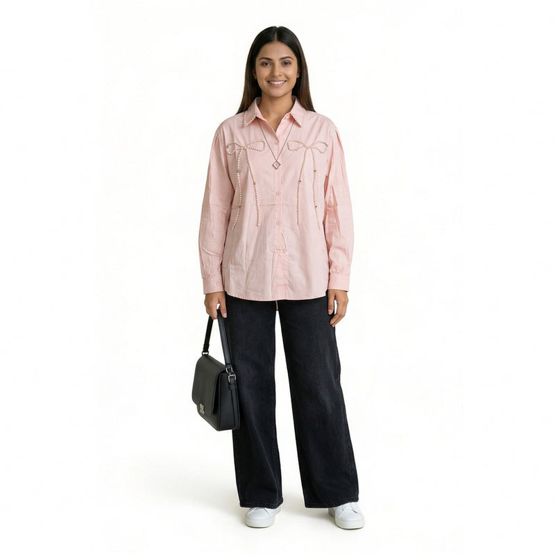 Women’s Embroidered Bow Shirt – Elegant Button-Down Long Sleeve Top | Cute Smart Casual & Office Wear