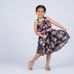 Girls Black Floral Printed Halter Neck Dress with Pink Belt – Stylish Party Wear Dress for Kids