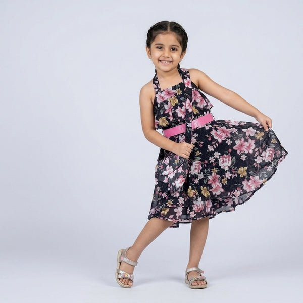 Girls Black Floral Printed Halter Neck Dress with Pink Belt – Stylish Party Wear Dress for Kids - image 3
