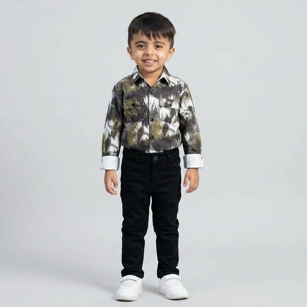Boys Abstract Printed Shirt with Black Jeans – Stylish Smart Casual Kids Outfit