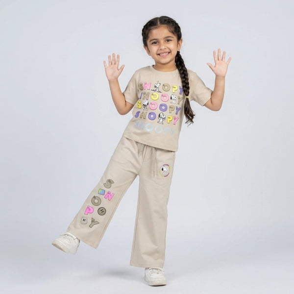 Girls Snoopy Printed Co-Ord Set – Beige Graphic T-Shirt & Wide Leg Pants for Kids