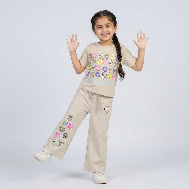 Girls Snoopy Printed Co-Ord Set – Beige Graphic T-Shirt & Wide Leg Pants for Kids