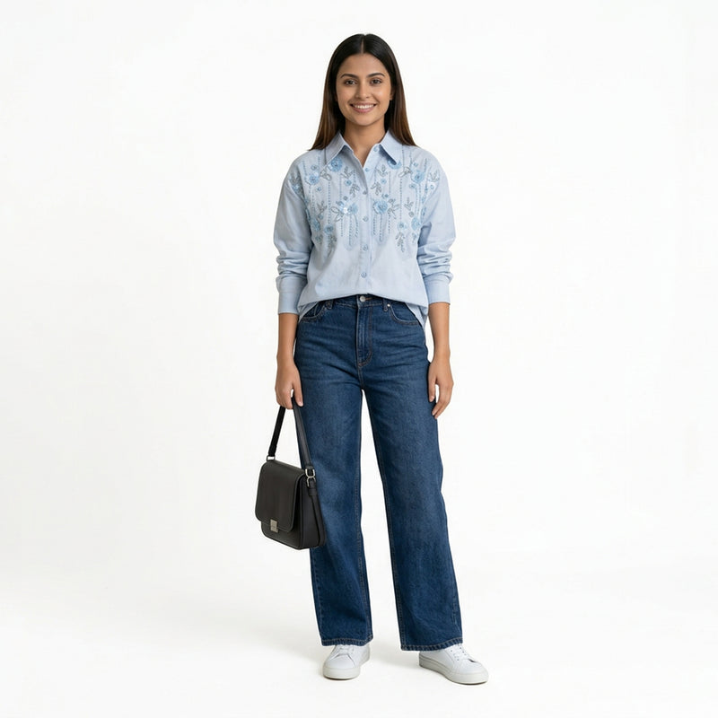 Women’s Embroidered Shirt – Elegant Button-Down Cotton Top | Smart Casual & Office Wear