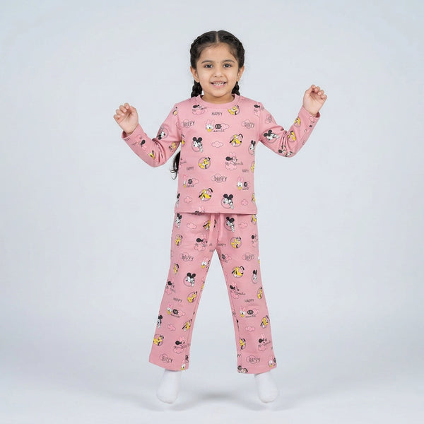 Little girl wearing pink cartoon printed full sleeve night suit set with matching pajama pants for kids sleepwear