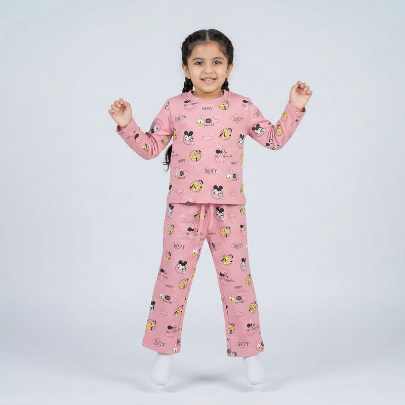 Little girl wearing pink cartoon printed full sleeve night suit set with matching pajama pants for kids sleepwear