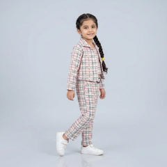 Girls Pink Checked Co-Ord Set – Stylish Crop Shirt & Straight Pants Outfit for Kids