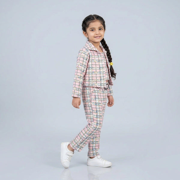 Girls Pink Checked Co-Ord Set – Stylish Crop Shirt & Straight Pants Outfit for Kids