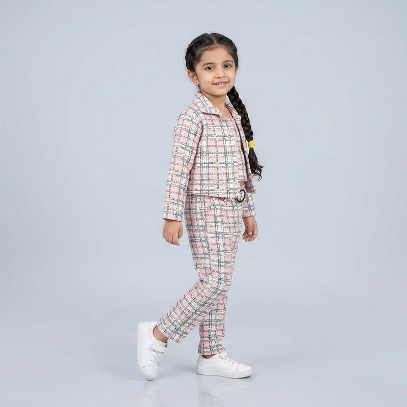 Girls Pink Checked Co-Ord Set – Stylish Crop Shirt & Straight Pants Outfit for Kids
