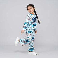 Girls Graphic Printed Co-Ord Set – White & Blue Full Sleeve Kids Lounge Wear Set