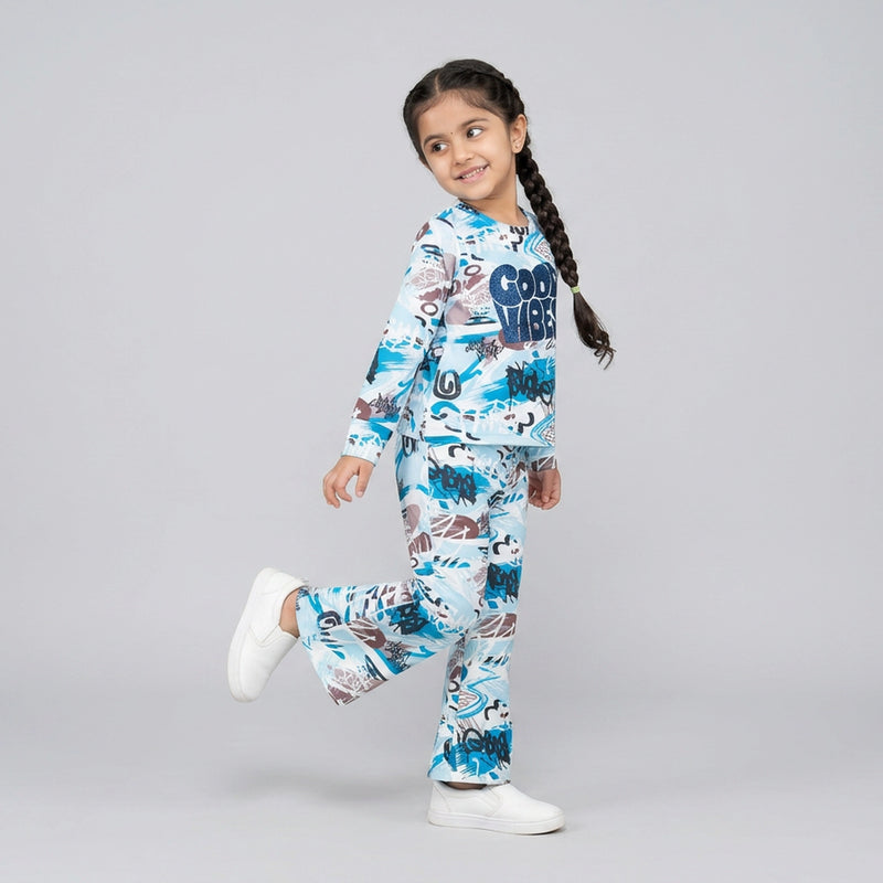 Girls Graphic Printed Co-Ord Set – White & Blue Full Sleeve Kids Lounge Wear Set
