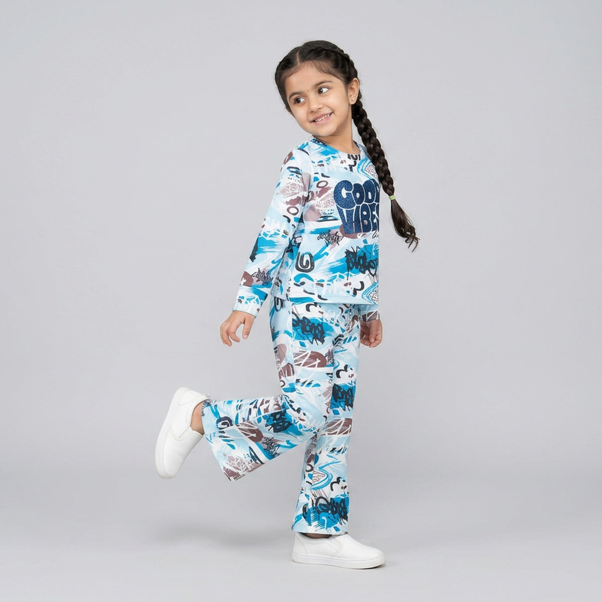 Girls Graphic Printed Co-Ord Set – White & Blue Full Sleeve Kids Lounge Wear Set - image 6
