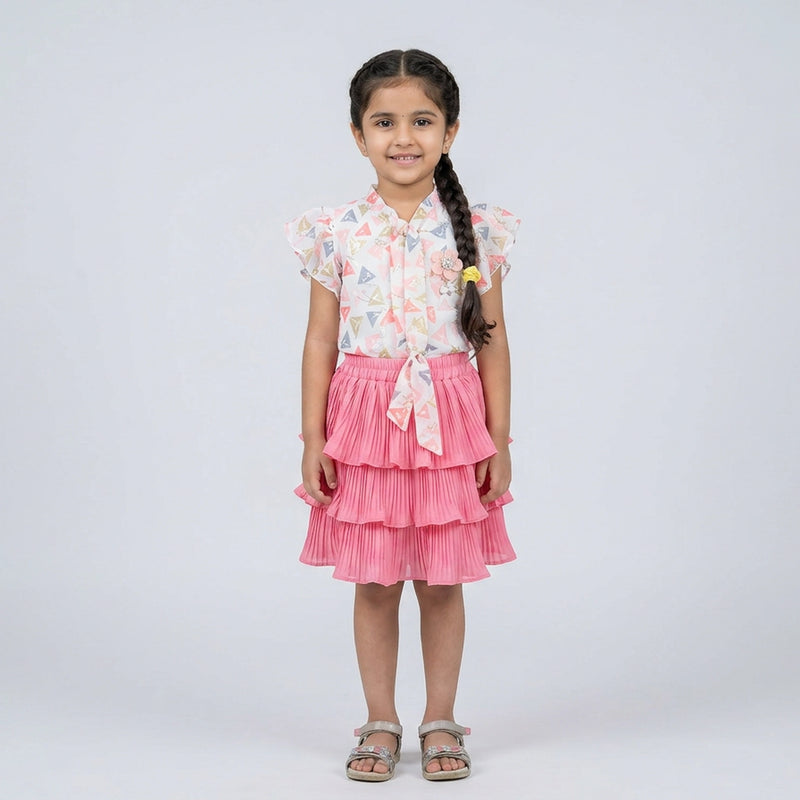 Girls Pink Pleated Skirt & Printed Top Set – Stylish Party Wear Outfit for Kids
