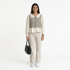 Women’s Gingham Peplum Top with Peter Pan Collar – Casual Chic Outfit Set