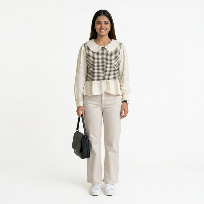 Women’s Gingham Peplum Top with Peter Pan Collar – Casual Chic Outfit Set