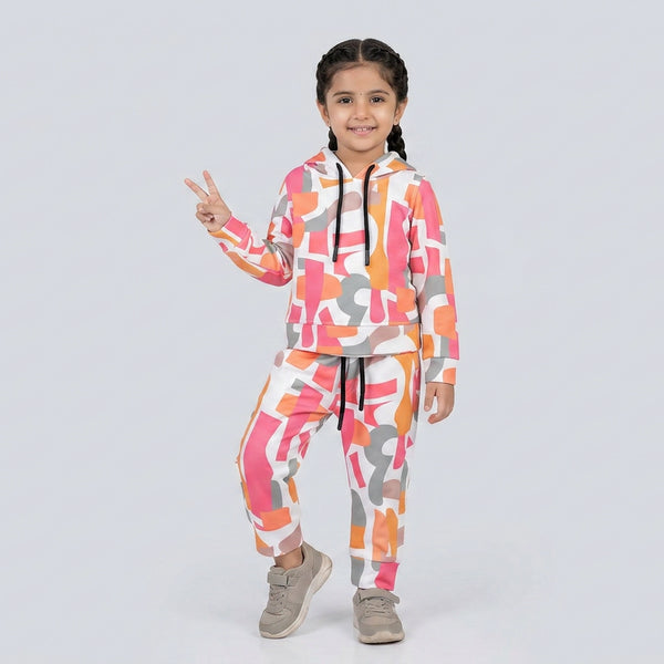 Girls Multicolor Printed Hoodie Co-Ord Set – Trendy Sweatshirt & Jogger Outfit for Kids