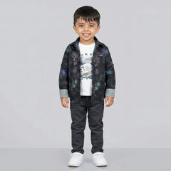 Boys Dark Printed Shirt with Graphic T-Shirt & Grey Jeans – Stylish Kids 3-Piece Casual Outfit Set KD-MV-B-SET-10060