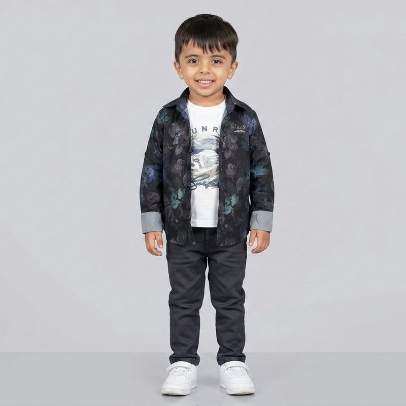 Boys Dark Printed Shirt with Graphic T-Shirt & Grey Jeans – Stylish Kids 3-Piece Casual Outfit Set KD-MV-B-SET-10060