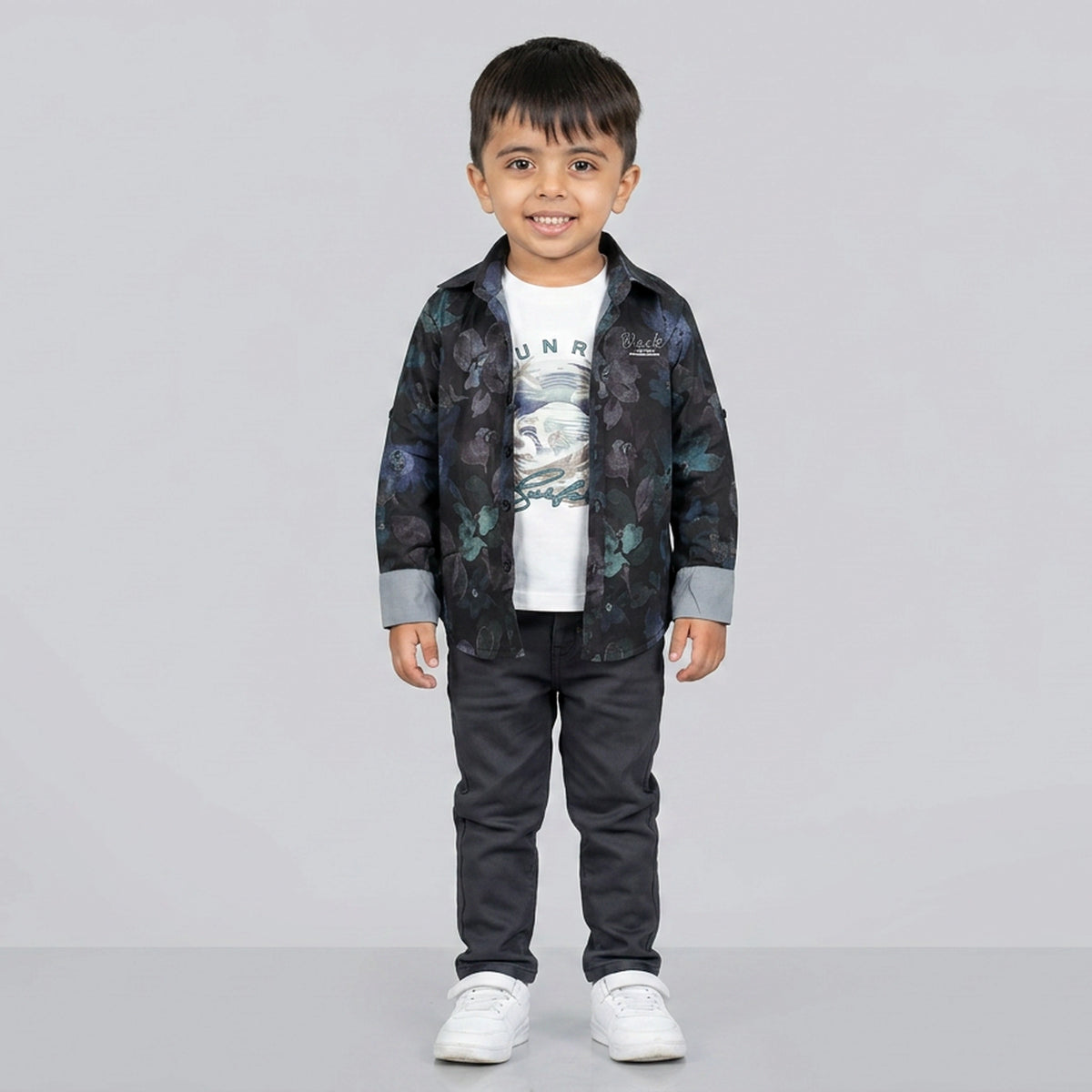Boys Dark Printed Shirt with Graphic T-Shirt & Grey Jeans – Stylish Kids 3-Piece Casual Outfit Set KD-MV-B-SET-10060 - image 12