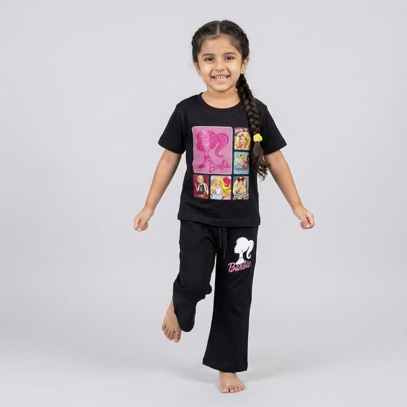 Girls Barbie Co-Ord Set – Stylish Graphic T-Shirt & Flared Pants Outfit for Kids