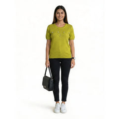 Women Knit Top – Casual Short Sleeve T-Shirt with Minimal Embroidery Detail