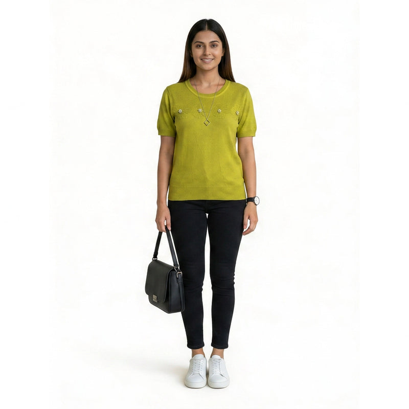Women Knit Top – Casual Short Sleeve T-Shirt with Minimal Embroidery Detail