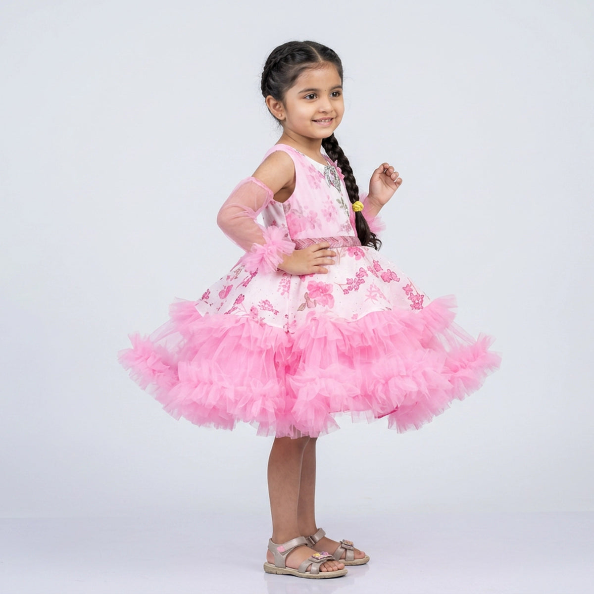 Girls Printed Ruffle Tulle Party Dress with Sheer Sleeves