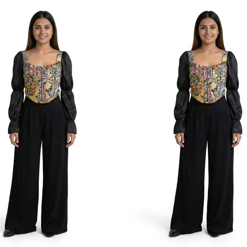 Women’s Floral Corset Top with Sheer Puff Sleeves – Trendy Summer Outfit Set