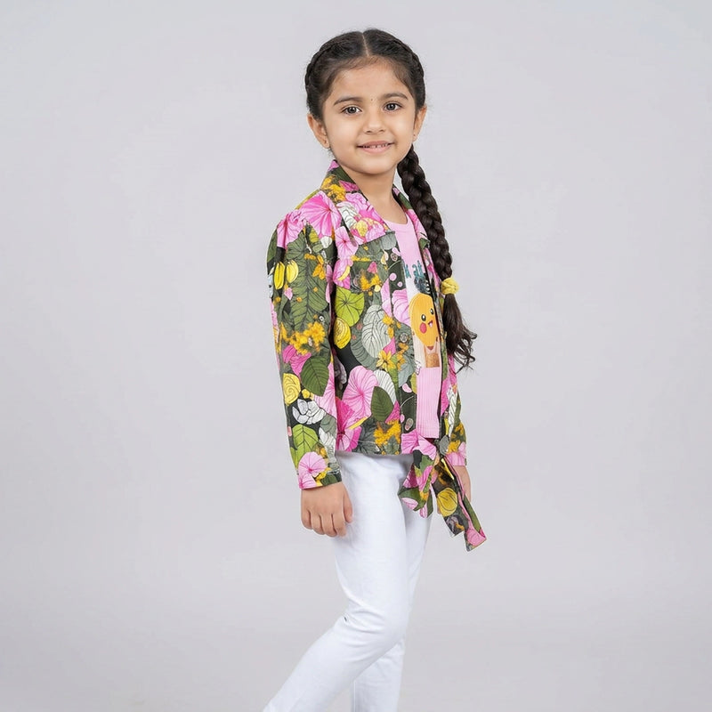 Girls Tropical Floral Dress Set with Matching Jacket – Stylish Party Wear Outfit for Kids