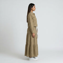 Women’s Pleated Maxi Dress with Crop Shirt Top – Elegant Long Sleeve Dress