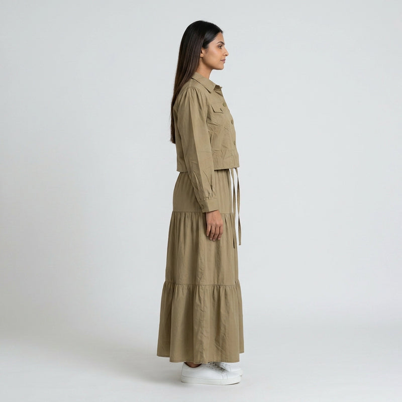 Women’s Pleated Maxi Dress with Crop Shirt Top – Elegant Long Sleeve Dress