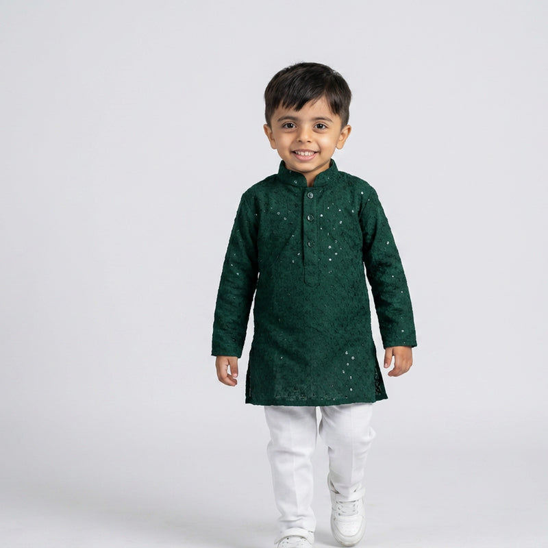 Young boy wearing green embroidered kurta with white pajama kids festive ethnic outfit