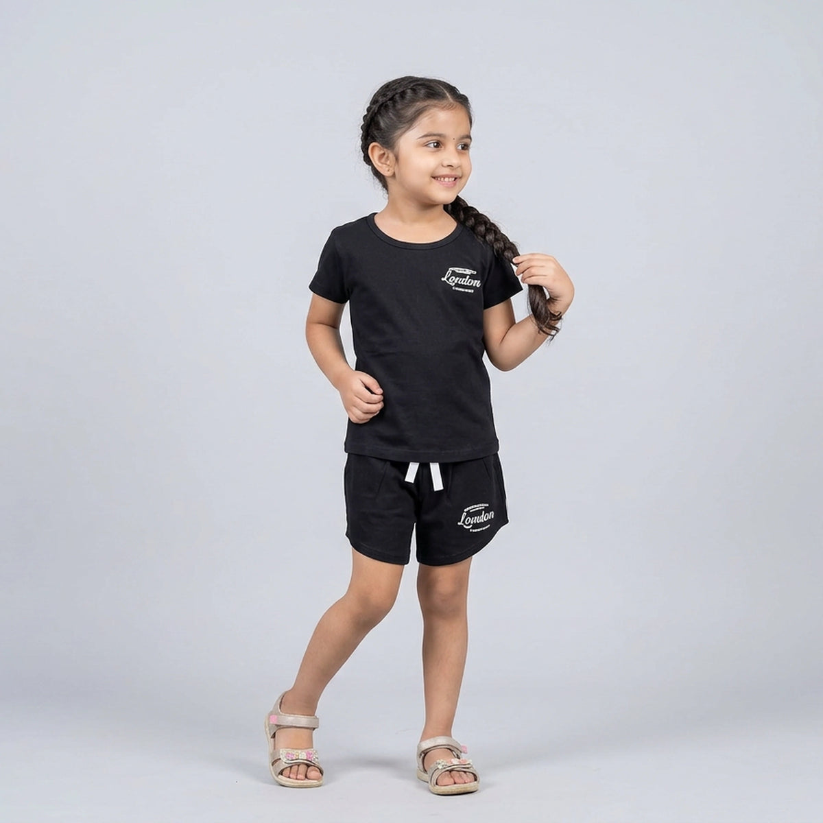 Kids Black London Print Cotton T-Shirt with Drawstring Shorts Set