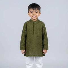 Young boy wearing olive green embroidered kurta with white pajama kids festive ethnic outfit