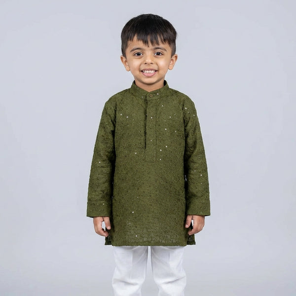 Young boy wearing olive green embroidered kurta with white pajama kids festive ethnic outfit