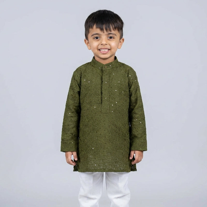 Young boy wearing olive green embroidered kurta with white pajama kids festive ethnic outfit