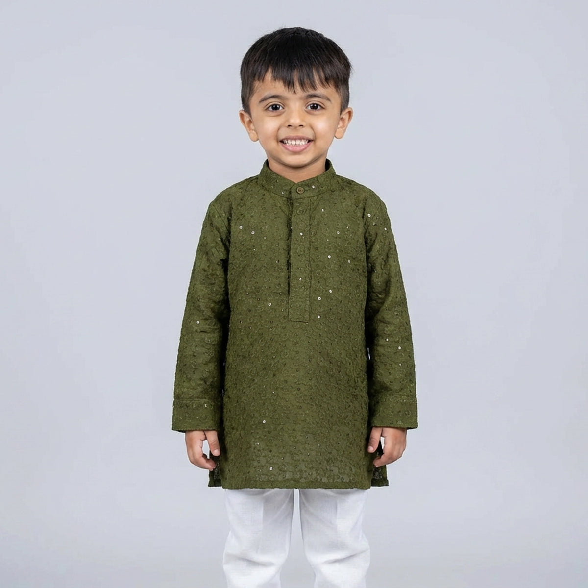 Young boy wearing olive green embroidered kurta with white pajama kids festive ethnic outfit