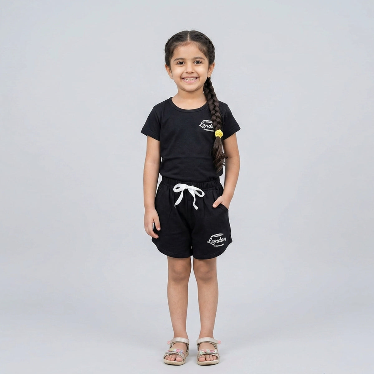 Kids Black London Print Cotton T-Shirt with Drawstring Shorts Set