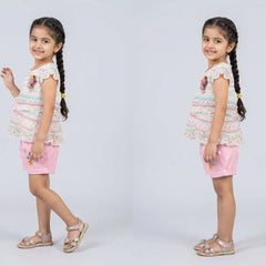 Girls Pastel Printed Ruffle Top with Pink Shorts Set – Cute Summer Casual Outfit for Kids