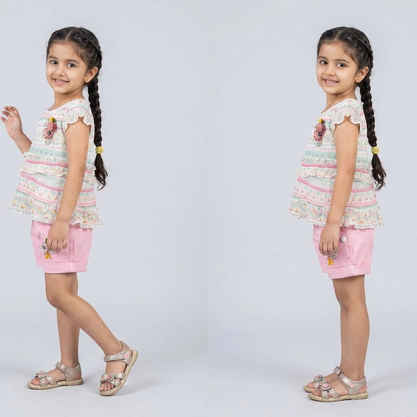 Girls Pastel Printed Ruffle Top with Pink Shorts Set – Cute Summer Casual Outfit for Kids