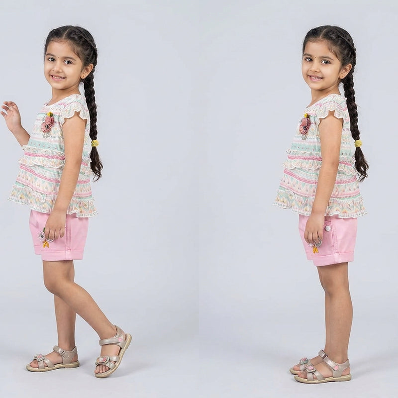 Girls Pastel Printed Ruffle Top with Pink Shorts Set – Cute Summer Casual Outfit for Kids