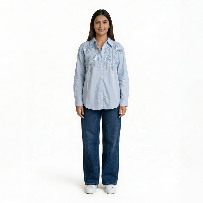 Women’s Embroidered Shirt – Elegant Button-Down Cotton Top | Smart Casual & Office Wear